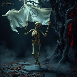 A stone skeleton dancing in a macabre fashion, holding a white banner