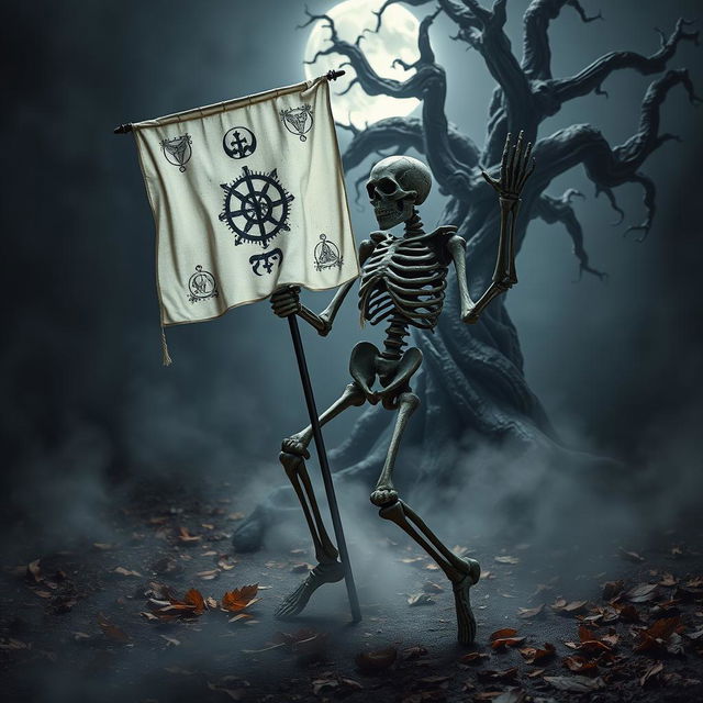 A stone skeleton dancing in a macabre fashion, holding a white banner