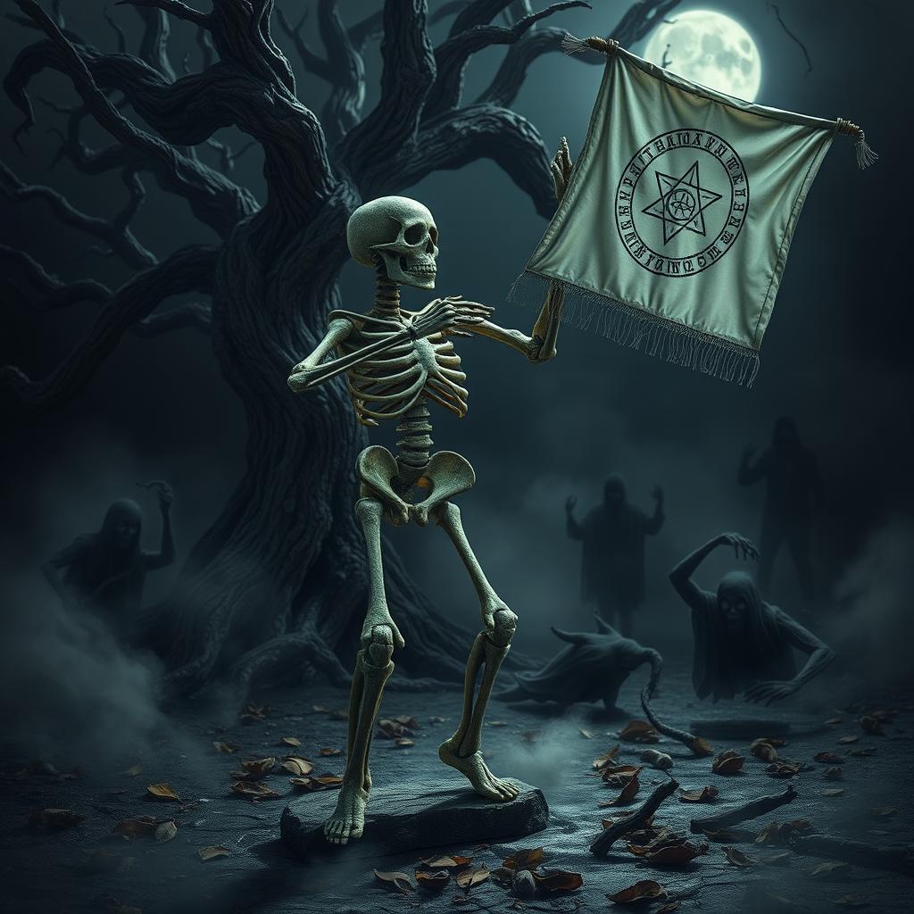 A stone skeleton dancing in a macabre fashion, holding a white banner