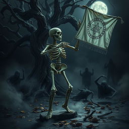 A stone skeleton dancing in a macabre fashion, holding a white banner
