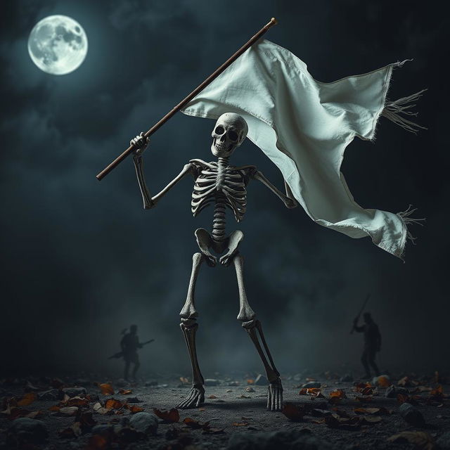 A stone skeleton engaged in a macabre dance, holding a flowing white banner