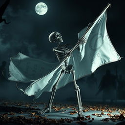 A stone skeleton engaged in a macabre dance, holding a flowing white banner