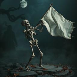 A stone skeleton engaged in a macabre dance, holding a flowing white banner
