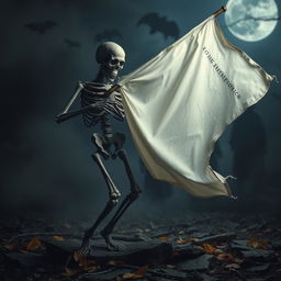 A stone skeleton engaged in a macabre dance, holding a flowing white banner