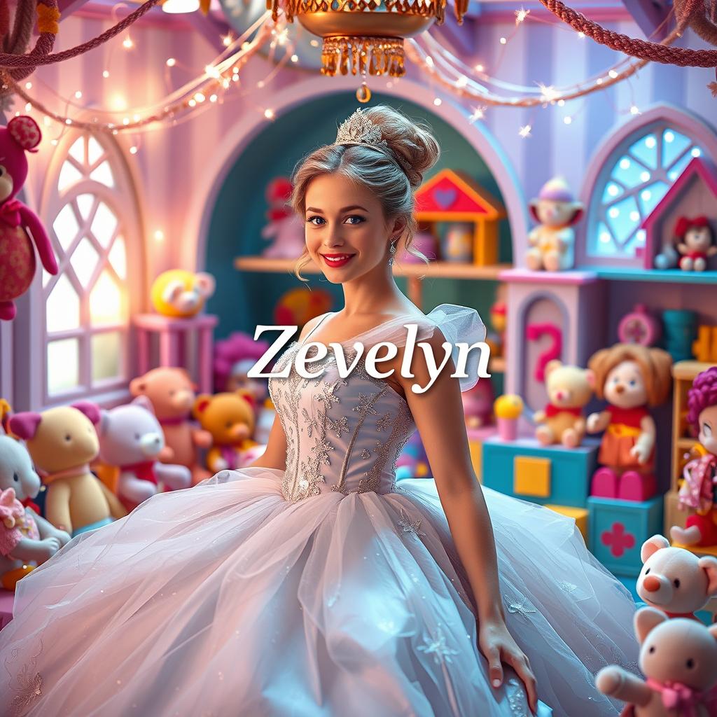 A whimsical reinterpretation of Cinderella, featuring a beautiful young woman in a stunning ball gown, surrounded by a colorful assortment of toys such as plush animals, dolls, and building blocks in a joyful setting designed for children