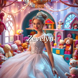 A whimsical reinterpretation of Cinderella, featuring a beautiful young woman in a stunning ball gown, surrounded by a colorful assortment of toys such as plush animals, dolls, and building blocks in a joyful setting designed for children