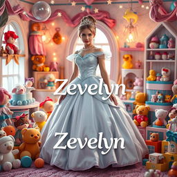 A whimsical reinterpretation of Cinderella, featuring a beautiful young woman in a stunning ball gown, surrounded by a colorful assortment of toys such as plush animals, dolls, and building blocks in a joyful setting designed for children
