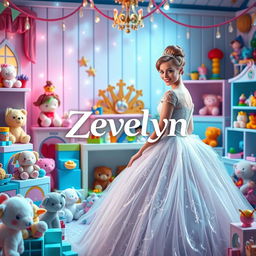 A whimsical reinterpretation of Cinderella, featuring a beautiful young woman in a stunning ball gown, surrounded by a colorful assortment of toys such as plush animals, dolls, and building blocks in a joyful setting designed for children