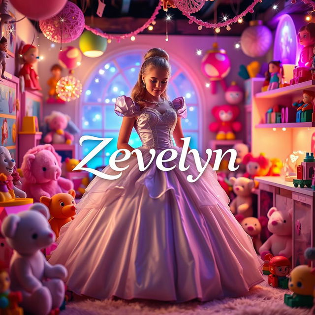 A whimsical reinterpretation of Cinderella, featuring a beautiful young woman in a stunning ball gown, surrounded by a colorful assortment of toys such as plush animals, dolls, and building blocks in a joyful setting designed for children