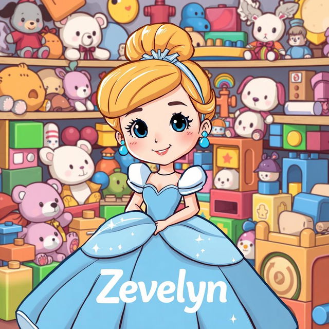 A cartoon-style illustration of Cinderella, reimagined with a playful and whimsical demeanor