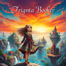 A fantasy book cover featuring a young girl embarking on a magical adventure across floating islands