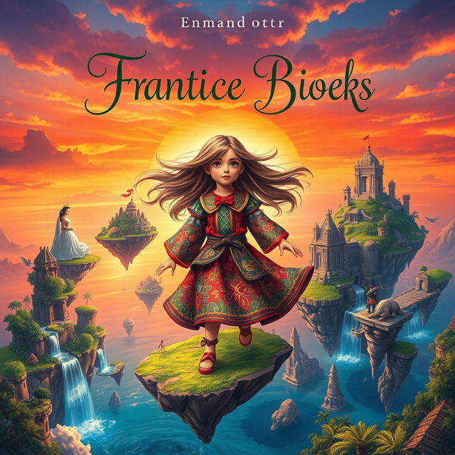 A fantasy book cover featuring a young girl embarking on a magical adventure across floating islands