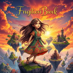 A fantasy book cover featuring a young girl embarking on a magical adventure across floating islands