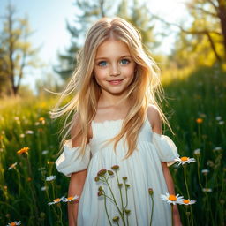 A beautiful Nordic girl with striking blue eyes and flowing blond hair, standing in a lush green meadow adorned with wildflowers