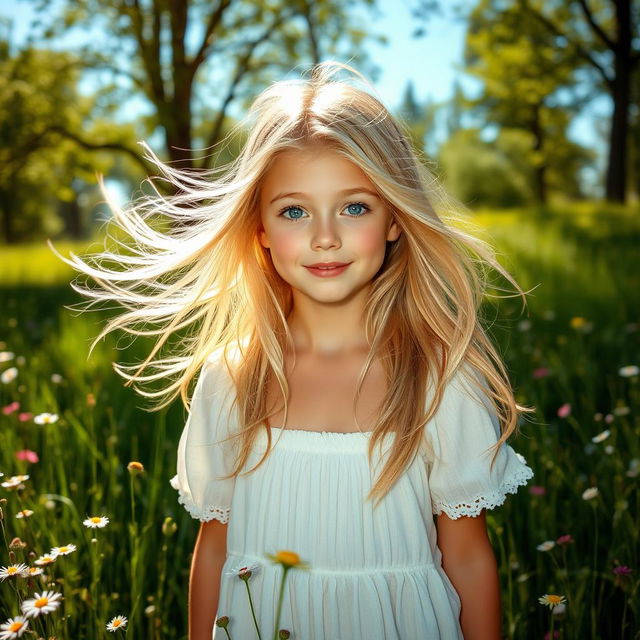 A beautiful Nordic girl with striking blue eyes and flowing blond hair, standing in a lush green meadow adorned with wildflowers