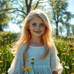 A beautiful Nordic girl with striking blue eyes and flowing blond hair, standing in a lush green meadow adorned with wildflowers