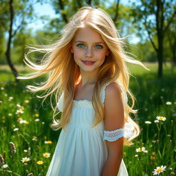 A beautiful Nordic girl with striking blue eyes and flowing blond hair, standing in a lush green meadow adorned with wildflowers