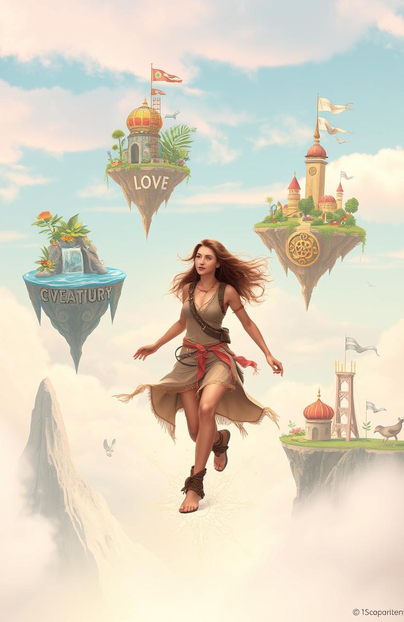 A young woman gracefully navigating through a dreamy surreal landscape, with various floating islands representing different facets of existence - creativity, love, adventure, and wisdom