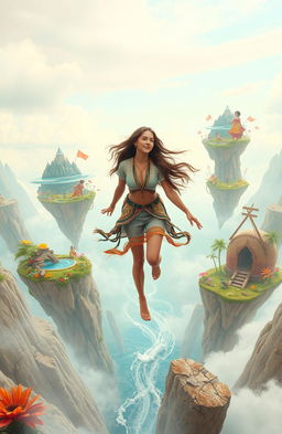 A young woman gracefully navigating through a dreamy surreal landscape, with various floating islands representing different facets of existence - creativity, love, adventure, and wisdom