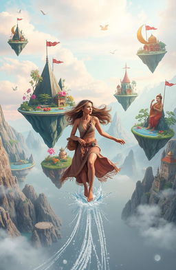 A young woman gracefully navigating through a dreamy surreal landscape, with various floating islands representing different facets of existence - creativity, love, adventure, and wisdom