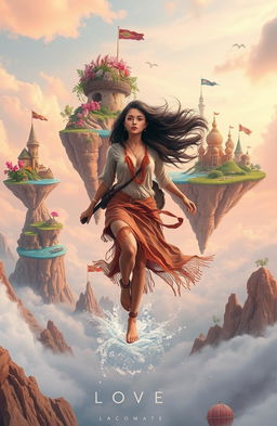 A young woman gracefully navigating through a dreamy surreal landscape, with various floating islands representing different facets of existence - creativity, love, adventure, and wisdom