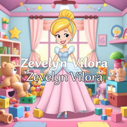 A whimsical cartoon rendition of Cinderella, featuring her in an enchanting gown and glass slippers, set in a vibrant playroom filled with colorful toys such as teddy bears, dolls, and building blocks