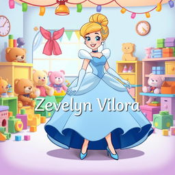 A whimsical cartoon rendition of Cinderella, featuring her in an enchanting gown and glass slippers, set in a vibrant playroom filled with colorful toys such as teddy bears, dolls, and building blocks