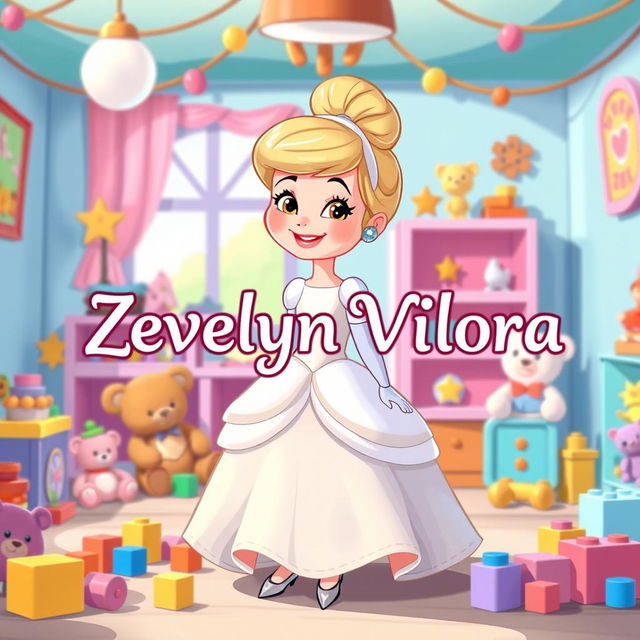 A whimsical cartoon rendition of Cinderella, featuring her in an enchanting gown and glass slippers, set in a vibrant playroom filled with colorful toys such as teddy bears, dolls, and building blocks