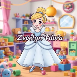 A whimsical cartoon rendition of Cinderella, featuring her in an enchanting gown and glass slippers, set in a vibrant playroom filled with colorful toys such as teddy bears, dolls, and building blocks