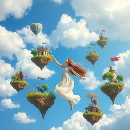 A young woman gracefully navigating various floating islands that symbolize the diverse facets of existence