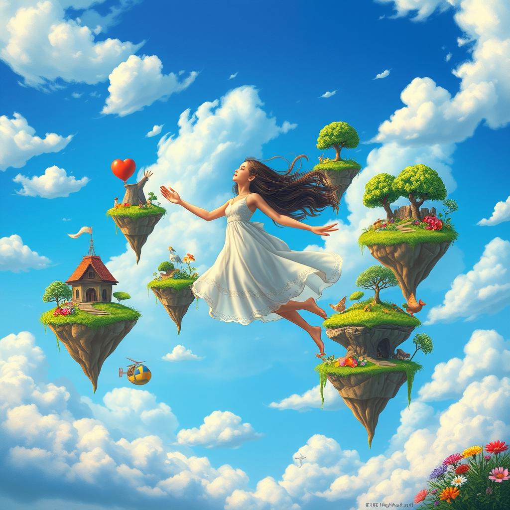 A young woman gracefully navigating various floating islands that symbolize the diverse facets of existence