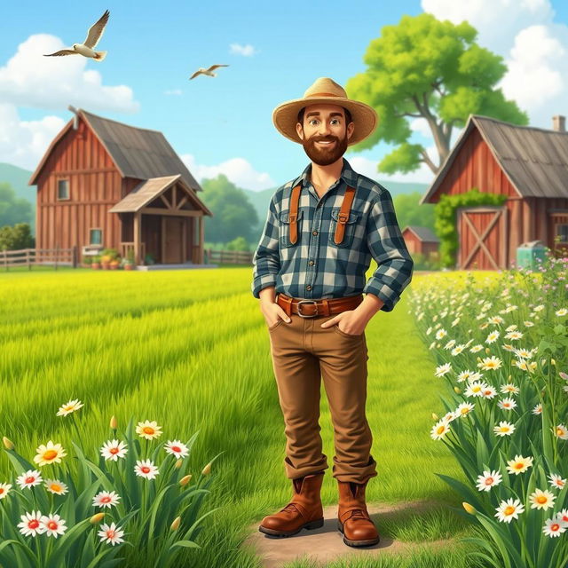 A tall young farmer aged 45, standing in a picturesque village setting