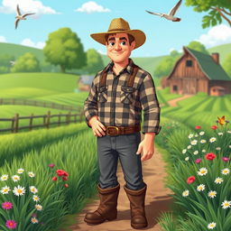 A tall young farmer aged 45, standing in a picturesque village setting
