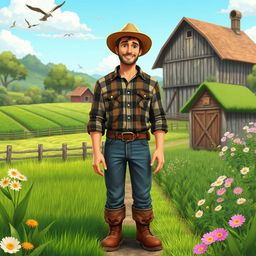 A tall young farmer aged 45, standing in a picturesque village setting