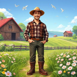 A tall young farmer aged 45, standing in a picturesque village setting