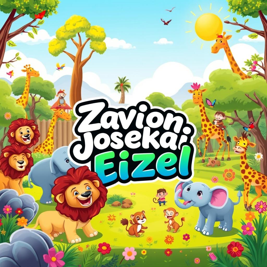 A vibrant and colorful cartoon zoo scene featuring a variety of animals like lions, elephants, giraffes, and monkeys enjoying their day