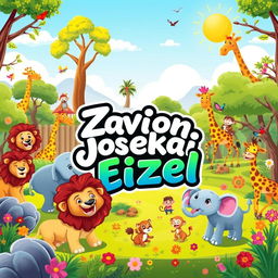 A vibrant and colorful cartoon zoo scene featuring a variety of animals like lions, elephants, giraffes, and monkeys enjoying their day