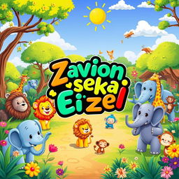 A vibrant and colorful cartoon zoo scene featuring a variety of animals like lions, elephants, giraffes, and monkeys enjoying their day