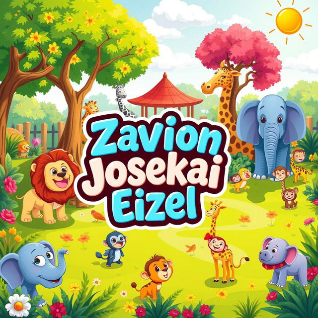 A vibrant and colorful cartoon zoo scene featuring a variety of animals like lions, elephants, giraffes, and monkeys enjoying their day