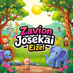 A vibrant and colorful cartoon zoo scene featuring a variety of animals like lions, elephants, giraffes, and monkeys enjoying their day
