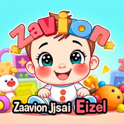 A colorful cartoon baby boy with big expressive eyes and a joyful smile, wearing a cute onesie