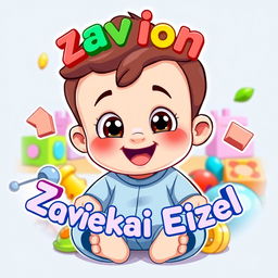 A colorful cartoon baby boy with big expressive eyes and a joyful smile, wearing a cute onesie