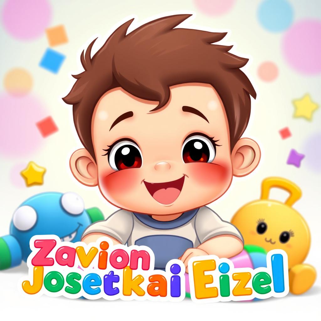 A colorful cartoon baby boy with big expressive eyes and a joyful smile, wearing a cute onesie