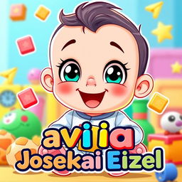 A colorful cartoon baby boy with big expressive eyes and a joyful smile, wearing a cute onesie