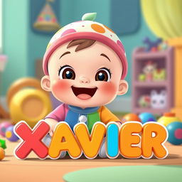 A cartoon baby boy with a happy expression, wearing a colorful onesie and a cute hat, sitting on the floor surrounded by colorful toys