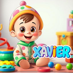 A cartoon baby boy with a happy expression, wearing a colorful onesie and a cute hat, sitting on the floor surrounded by colorful toys