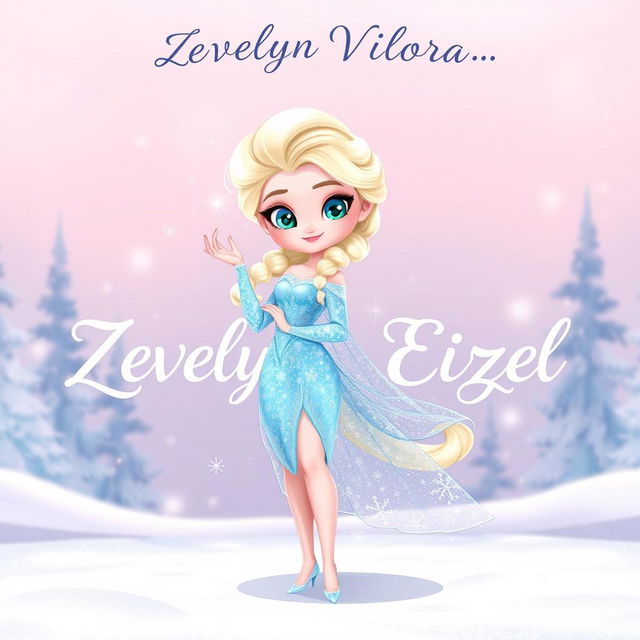 A cartoon character inspired by a Disney princess, resembling ELSA from FROZEN, featuring a beautiful, elegant design with long flowing blonde hair, wearing a shimmering ice-blue dress with sparkle detailing