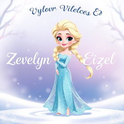 A cartoon character inspired by a Disney princess, resembling ELSA from FROZEN, featuring a beautiful, elegant design with long flowing blonde hair, wearing a shimmering ice-blue dress with sparkle detailing