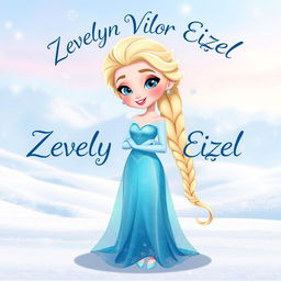 A cartoon character inspired by a Disney princess, resembling ELSA from FROZEN, featuring a beautiful, elegant design with long flowing blonde hair, wearing a shimmering ice-blue dress with sparkle detailing