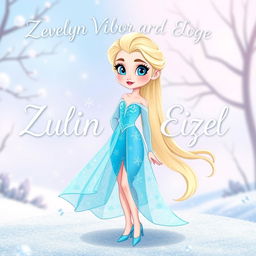 A cartoon character inspired by a Disney princess, resembling ELSA from FROZEN, featuring a beautiful, elegant design with long flowing blonde hair, wearing a shimmering ice-blue dress with sparkle detailing